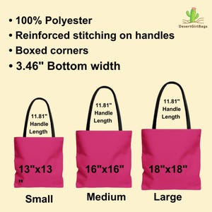 May include: Three pink tote bags in small, medium, and large sizes with black handles. Text lists 100% polyester, reinforced stitching, boxed corners, and 3.46-inch bottom width. Sizes are 13x13, 16x16, and 18x18 inches with 11.81-inch handles.