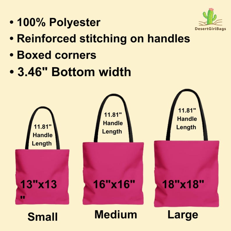 May include: Three pink tote bags in small, medium, and large sizes with black handles. Text lists 100% polyester, reinforced stitching, boxed corners, and 3.46-inch bottom width. Sizes are 13x13, 16x16, and 18x18 inches with 11.81-inch handles.