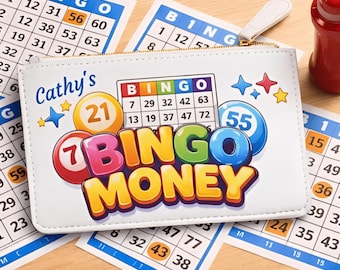 Personalized Bingo Money Pouch - Bingo Mini Clutch with Zipper - Custom Name Casino Money Bag - Bingo Gift - Cute Wallet Women