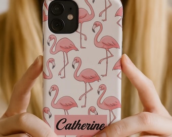 Custodia rigida personalizzata con fenicottero tropicale per iPhone 17/16/15/14, Samsung Galaxy S25, Google Pixel 9, Flamingo Gifts