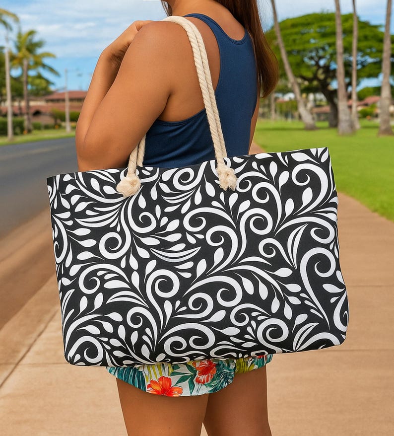 Personalized Monochrome Weekender Tote - Rope Handles - T Bottom - 24 inches x 13 inches - Oversized Tote Bag for Women immagine 3
