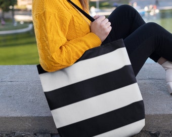 Stripe Tote Bag / Black Tote Bag / White Tote Bag / Tote Bag for Men / Shoulder Bag for Women / Polyester Tote / Available in 3 Sizes