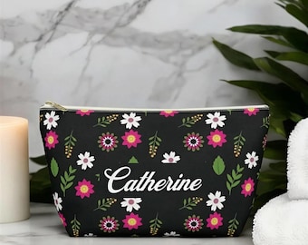 Personalized Black Floral Makeup Bag - T-Bottom Accessory Pouch - Cosmetic Toiletry Bag - Travel Organizer - Pencil Case - Custom Made Gift