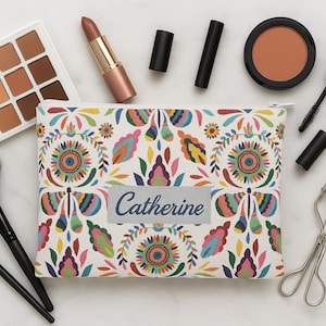 Colorful Mexican Pouch Bag for Makeup or Pencils - Personalized Option - 2 Sizes - Small and Large - Zipper - White or Black