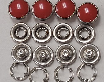 4 part nylon western pearl snap fastener-red-7/16" diameter pearl.  1 dozen complete sets.  made in usa