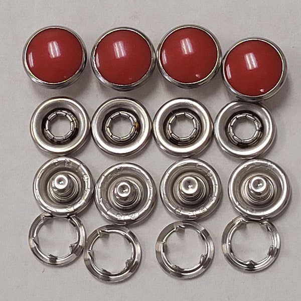 4 part nylon western pearl snap fastener-red-7/16" diameter pearl.  1 dozen complete sets.  made in usa