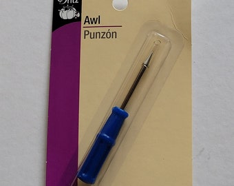 May include: A blue and silver awl with a pointed tip, packaged on a white and purple card with the text "Dritz Awl Punzón 624".