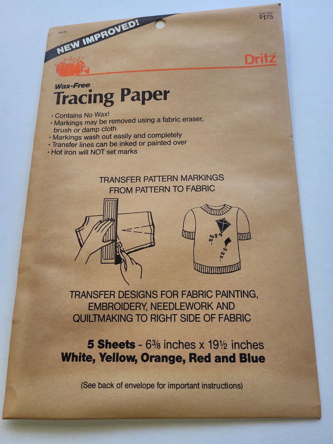 Dritz Wax Free Tracing Paper. 5 Sheets Enclosed of White Yellow Orange