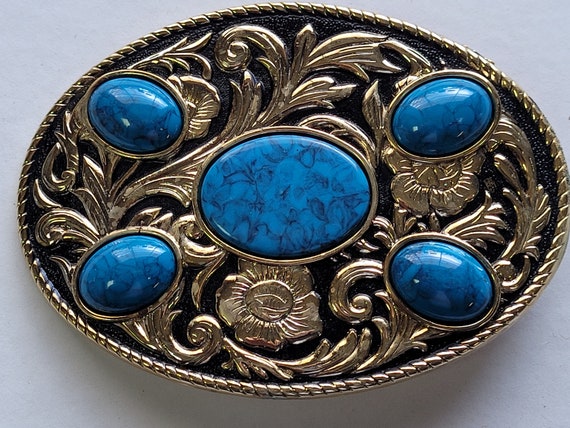Western Belt Buckle-imitation Turquoise Stones on Gold/black  display picture 3