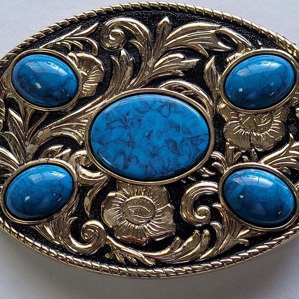 Western belt buckle-imitation turquoise stones on gold/black background buckle-made in usa