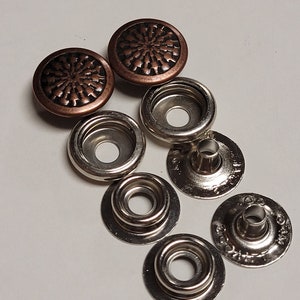 Heavy duty durable snaps-size 24-5/8" diameter-antique copper/basketweave design-complete sets-1 dozen-made the usa