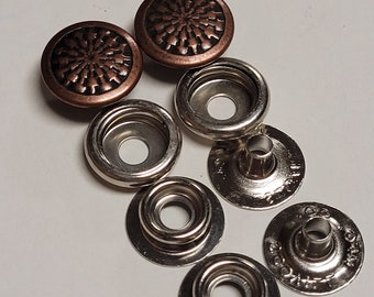 Heavy duty durable snaps-size 24-5/8" diameter-antique copper/basketweave design-complete sets-1 dozen-made the usa