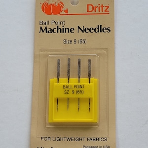 Ball Point Sewing Machine Needles, size 9 (65).  4 needles per package.  for light weight fabrics