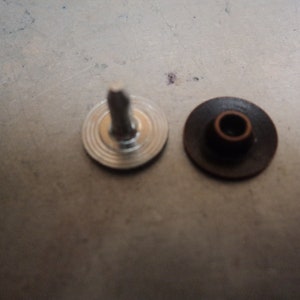 May include: Two metal screw-in fasteners. One is silver with a flat head and the other is brown with a round head.