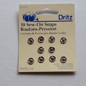 Dritz-10 nickel plated brass-size 2/0 sew on snaps.  silver.  10 sets.