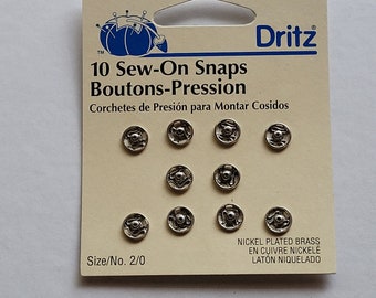 Dritz-10 nickel plated brass-size 2/0 sew on snaps.  silver.  10 sets.