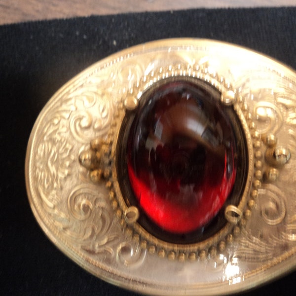 Western belt buckle-imitation red stone on imitation gold buckle-=made in usa