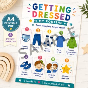Può includere: Un grafico PDF stampabile in formato A4 intitolato GETTING DRESSED MY ROUTINE con nove passaggi numerati. Il grafico presenta illustrazioni colorate di capi di abbigliamento e attività quotidiane, tra cui biancheria intima, pantaloni, calzini, maglietta, felpa, scarpe e cura personale.