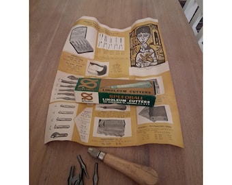 Cortadora de linóleo Speedball vintage con mango de cuchillas en su caja original.