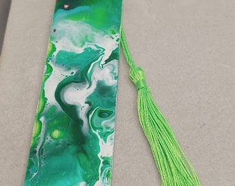 Green acrylic pour wood bookmark