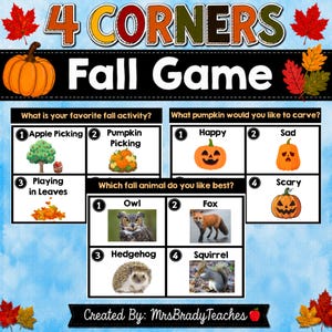 May include: A 4 Corners Fall Game educational activity sheet featuring autumn-themed graphics including a pumpkin, maple leaves, and three grid sections with questions about fall activities, pumpkin carving, and animals with numbered choices.