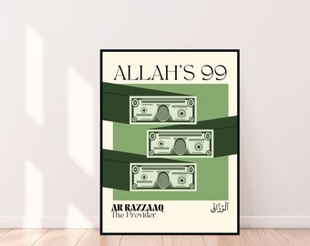 Allah’s 99 | Ar Razzaaq | Islamic wall print | green wall print | money wall art | retro wall print | Arabic wall print | dearAYISATily