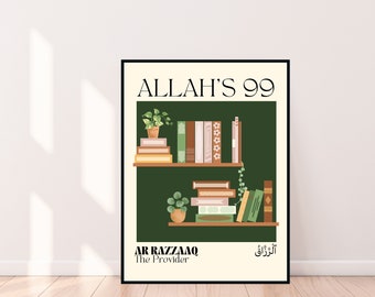 Allah’s 99 | Ar Razzaaq | Islamic wall print | green wall print | library wall art | retro wall print | Arabic wall print | dearAYISATily