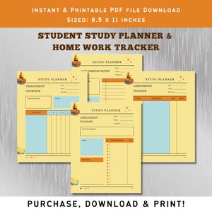 College Student Study Planner, Printable Student Planner, Study Planner, School Planner, Planner, Homework Tracker Planner, Instant Download