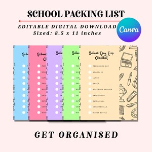 Bewerkbare schoolpaklijst, 5 kleuren checklist, schoolchecklist, dagelijkse schoolactiviteiten, planner, schoolplanner, direct downloaden