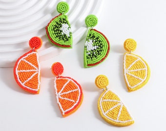 Pendientes de cuentas de frutas, pendientes de cuentas de semillas hechos a mano, pendientes colgantes de kiwi de limón naranja, joyería de verano DIVERTIDA, regalo de fiesta