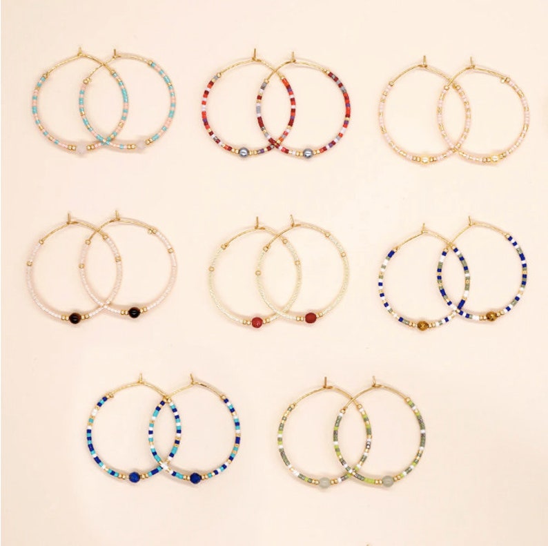 Glass Beaded Hoop Earrings, Colorful Beaded Earrings, Medium Seed Beaded Hoop Earrings image 2