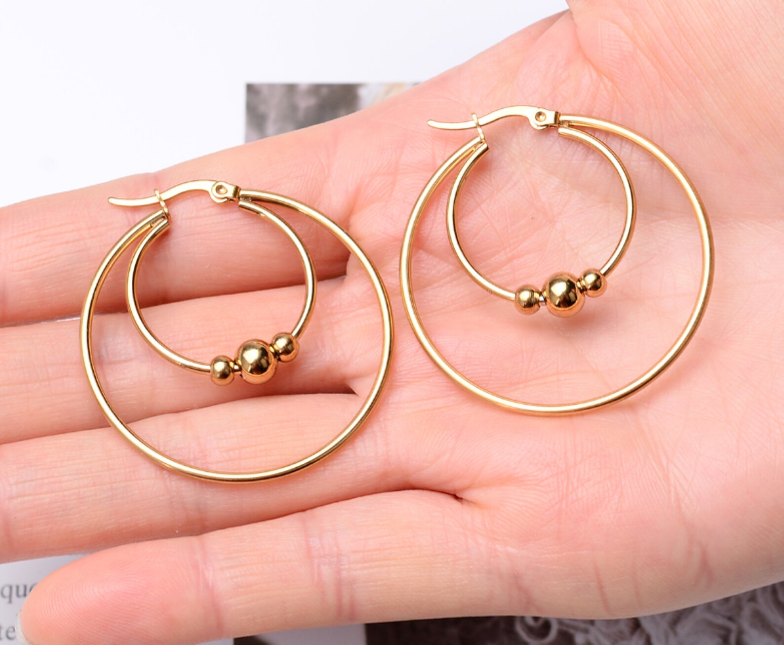 Double Ring Beaded Hoop Earrings, Silver Hoop Earrings, Gold Hoop