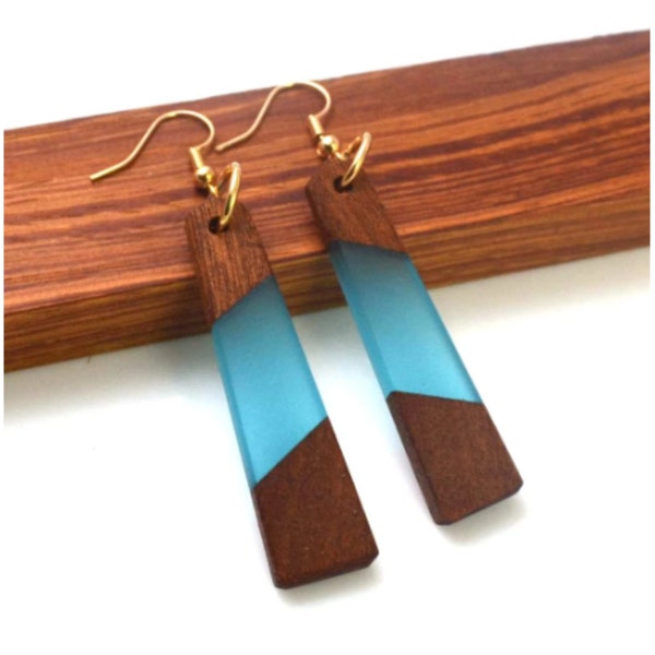 SALE!!! Wood and Resin Earrings, Handmade Earrings, Blue Resin Earrings, Boho Earrings, Dangle & Drop Earrings