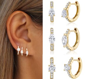 Dainty Gold Huggies Earrings, Silver Huggies with Cubic Zirconia Crystals, Delicate Modern Everyday Jewelry, CZ Huggie Hoop Earrings