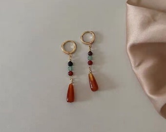 Pendientes de piedra natural con cuentas de cristal. Pendientes colgantes de piedra natural, pendientes con cuentas Boho