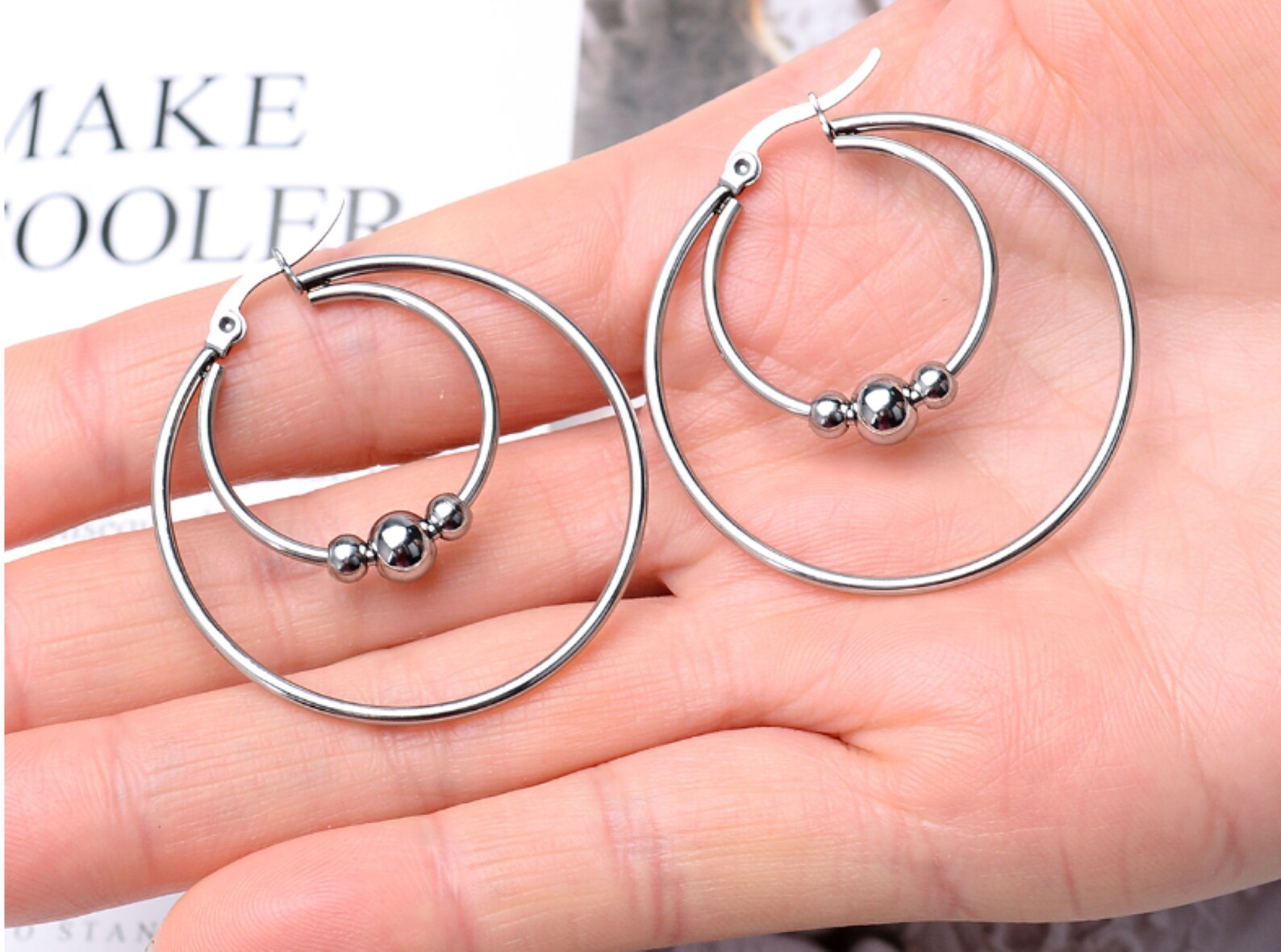 Double Ring Beaded Hoop Earrings, Silver Hoop Earrings, Gold Hoop
