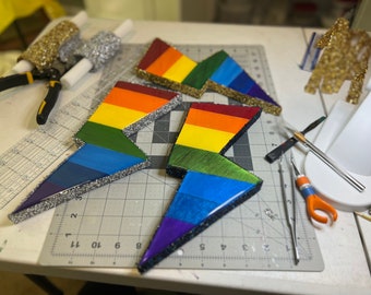 Pride Flag Rainbow Resin and Rhinestone Lightening Bolt Wall Art