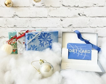 Gift Card Holder Box - Holiday Blue & Silver Christmas and Winter 4-Pack with Popup Insert and stretch ribbons
