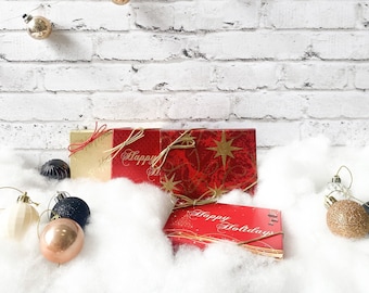 Gift Card Holder Box - Holiday Red & Gold Christmas 4-Pack with popup insert and stretch ribbons