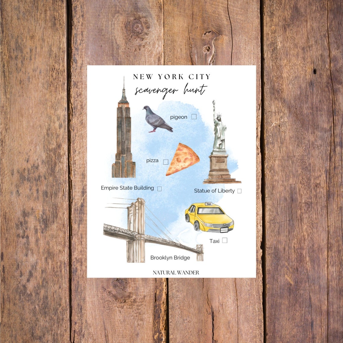 NYC Scavenger Hunt, Printable Instant Download Watercolor for Kids - Etsy