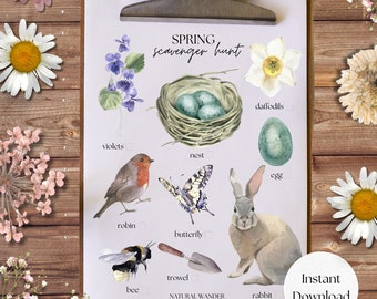 Spring Scavenger Hunt, Forest School, Learn about Nature, Homeschool, Printable, Instant Download, Watercolor, Scavenger hunt for kids