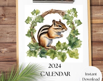 2024 boskalender, bosdieren in kransen, aquarelkalender, direct downloaden, afdrukbaar, bosthema, afdrukbare kalender