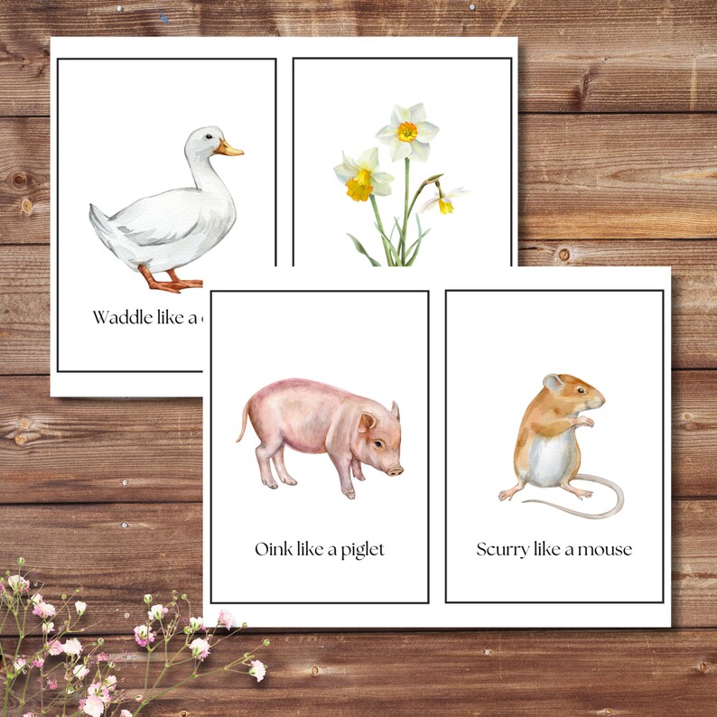 May include: Four watercolor animal prints on white backgrounds. The prints feature a white duck, daffodils, a pink piglet, and a brown mouse. Text includes "Waddle like a", "Oink like a piglet", and "Scurry like a mouse".
