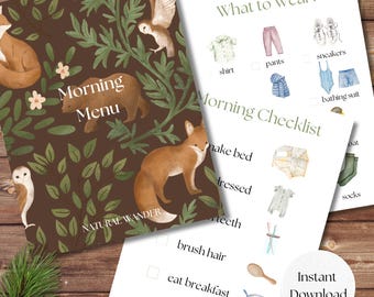 May include: A printable checklist for children to use in the morning. The checklist includes tasks such as making their bed, getting dressed, brushing their teeth, eating breakfast, and choosing what to wear. The checklist is decorated with a woodland theme and features illustrations of a fox, owl, and bear.