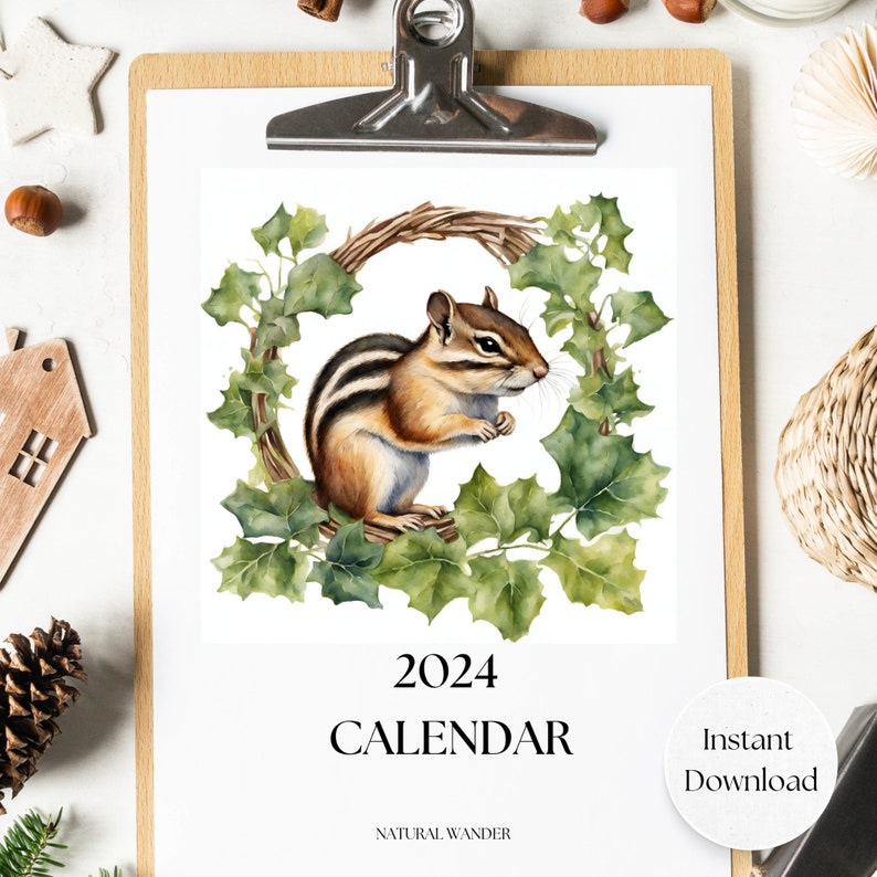 2024 Woodland Calendar, Forest Animals in Wreathes, Watercolor Calendar