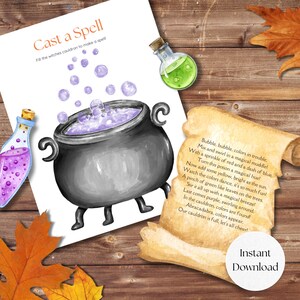 May include: A whimsical illustration featuring a witch's cauldron with bubbling purple potion, accompanied by potion bottles and a scroll with a spell. The text "Cast a Spell" is at the top. The image has a rustic, autumnal theme.