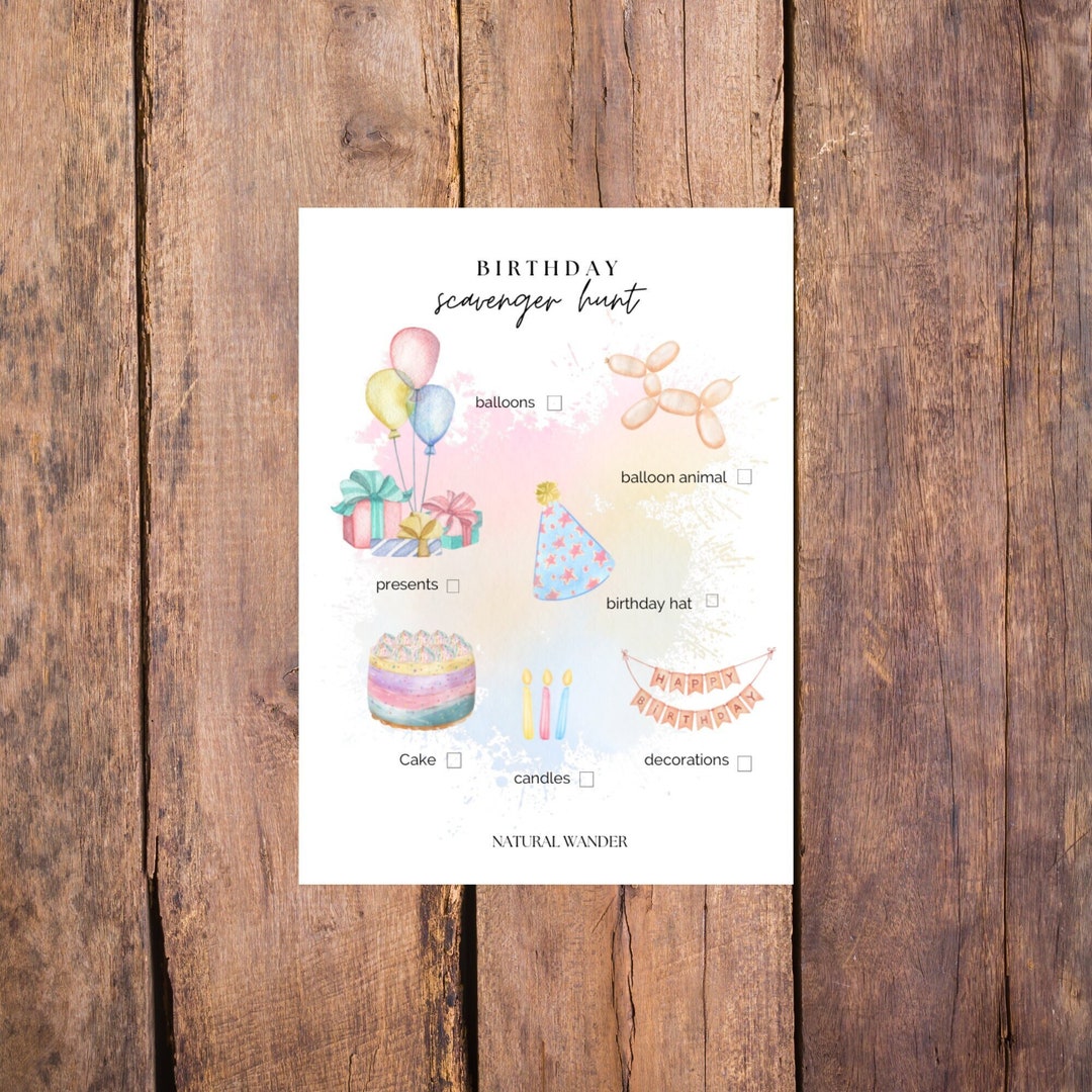 Birthday Party Scavenger Hunt, Printable Instant Download Watercolor ...