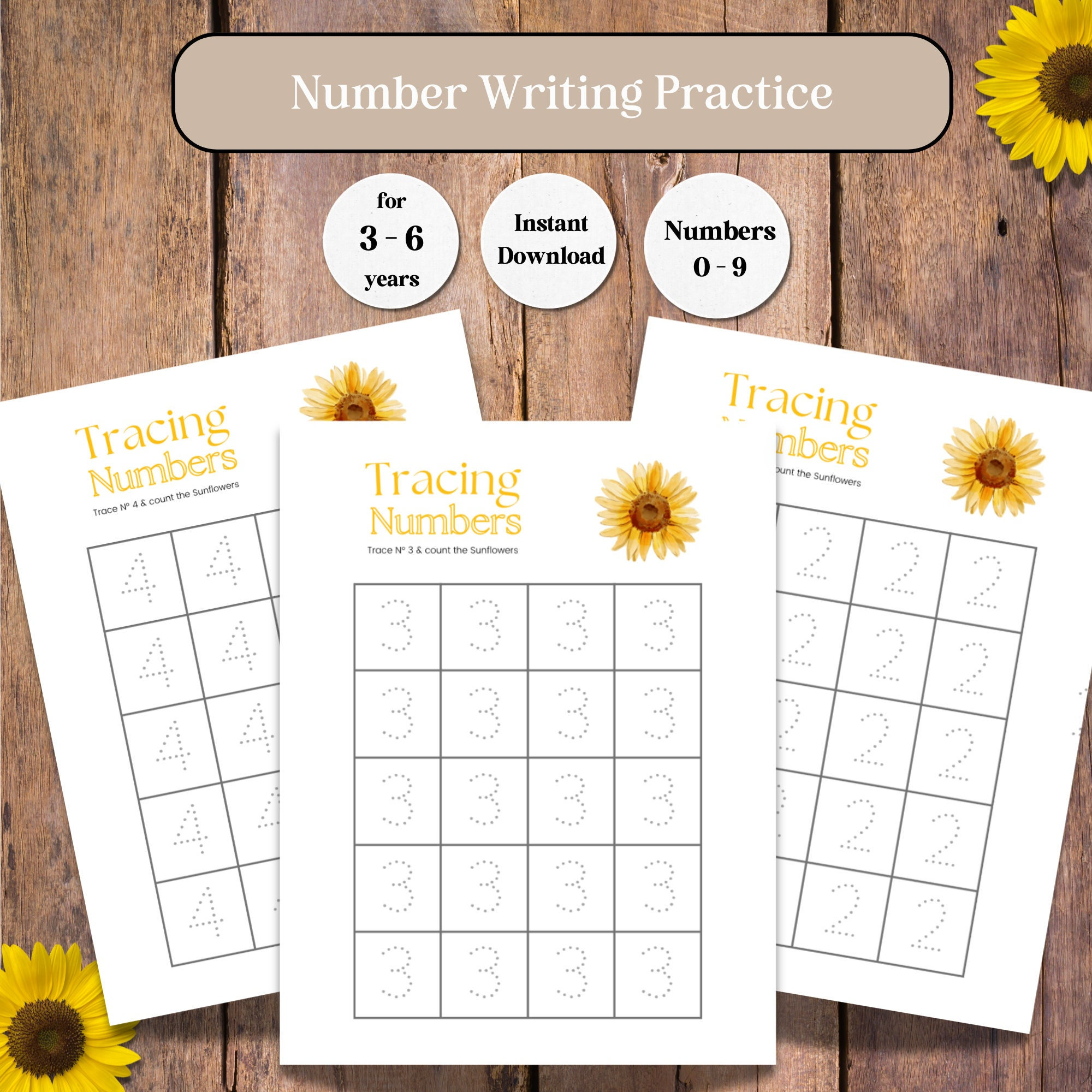 Sunflower Number Pattern Sunflower Number Writing Practice, Montessori Printable (digital ...