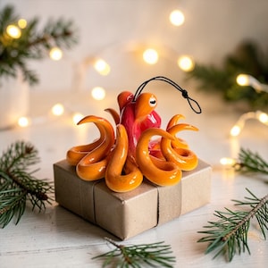 Hand-made whimsical Octopus hanging Christmas ornament "Red and Orange"