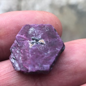 Può includere: Primo piano di una pietra preziosa viola con inclusioni bianche e nere. La pietra preziosa è grezza e ha una forma esagonale.